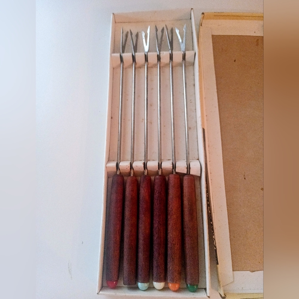 Vintage Set of 6 Fondue Forks with Wooden Handles